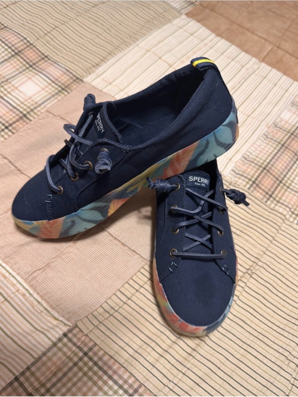 Sperry Navy Canvas Sneakers with Multicolor Wave-Print Sole